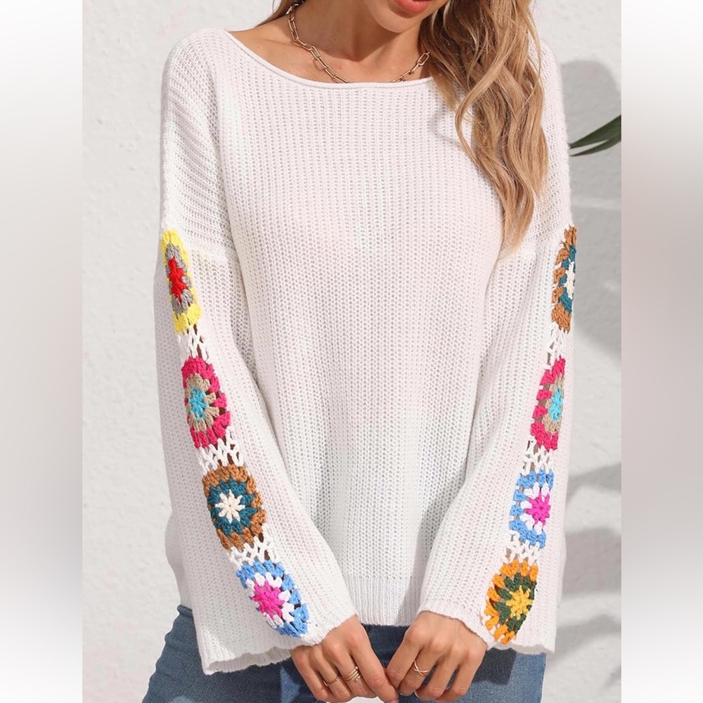 White Crochet-Sleeve Knit Sweater with Multicolor Floral Accents - Picture 3 of 5